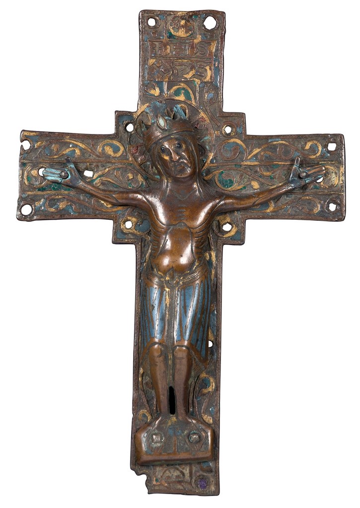 A Romanesque champlevé enamelled and gilt copper cross with a champlevé enamelled and gilt copper figure of a Christ Limoges France