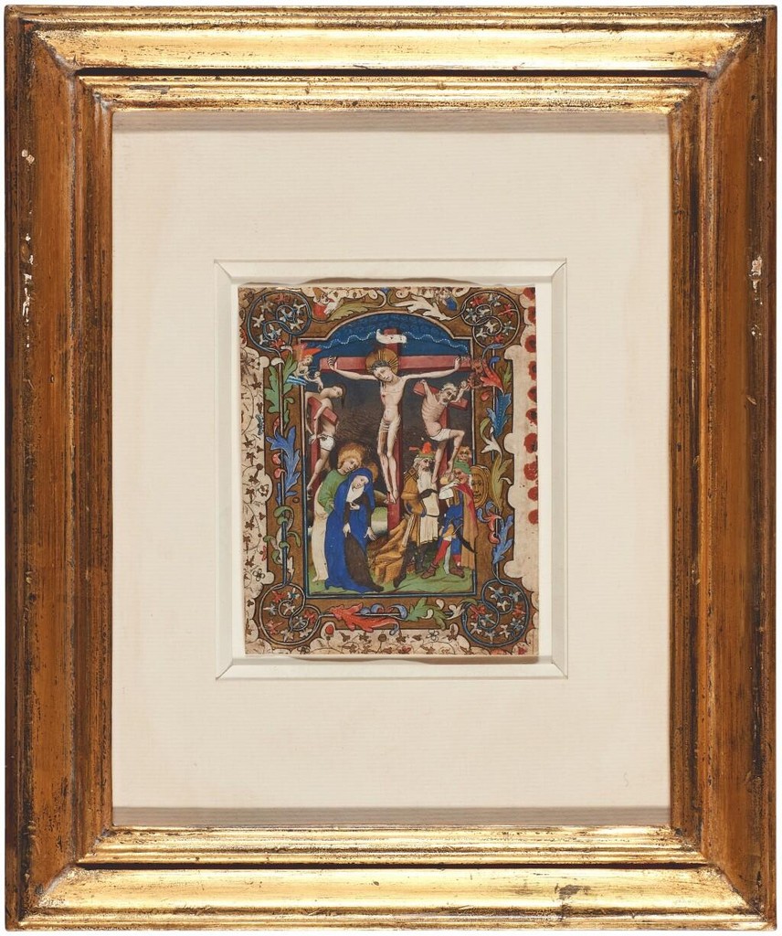 An illuminated leaf from a Book of Hours depicting the Crucifixion by the Master of Guillebert de Mets