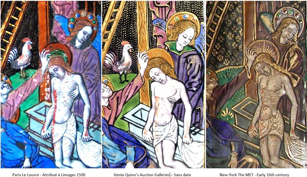 A triptych depicting the Passion of Christ including the flagellation of Christ, the Crucifixion, and the entombment of Jesus