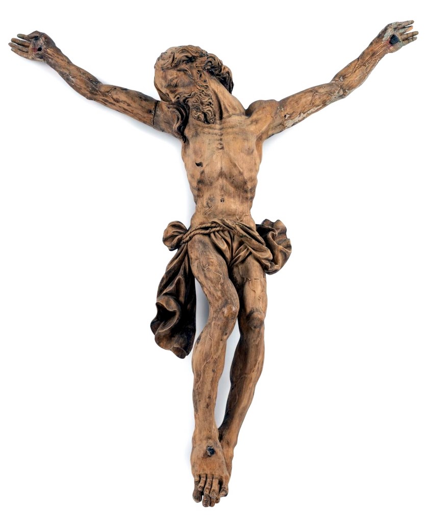 Crucifix en ivoire dans une vitrine en poirier noirci, époque Napoléon III, 71 x 33 cm