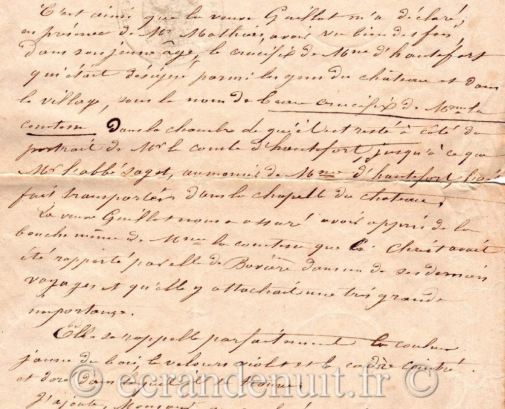 Extrait de la correspondance adressée par le Maire de la commune de Villacerf le 24 octobre 1858 à Mr Chamois propriétaire du Crucifix