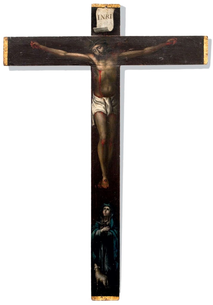 Croix peinte Représentant le Christ en croix et la Vierge à l'agneau à ses pieds