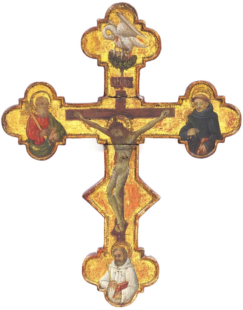 processional cross with the crucifixion, the pelican sacrificing itself, an apostle, an augustinian martyr and saint bernhard of clairvaux