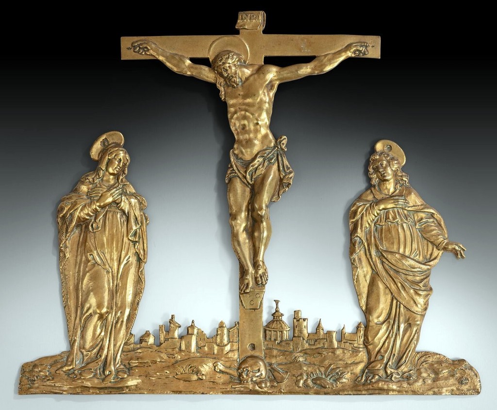 Crucifixion entre la Vierge et saint Jean d’applique en bronze dor