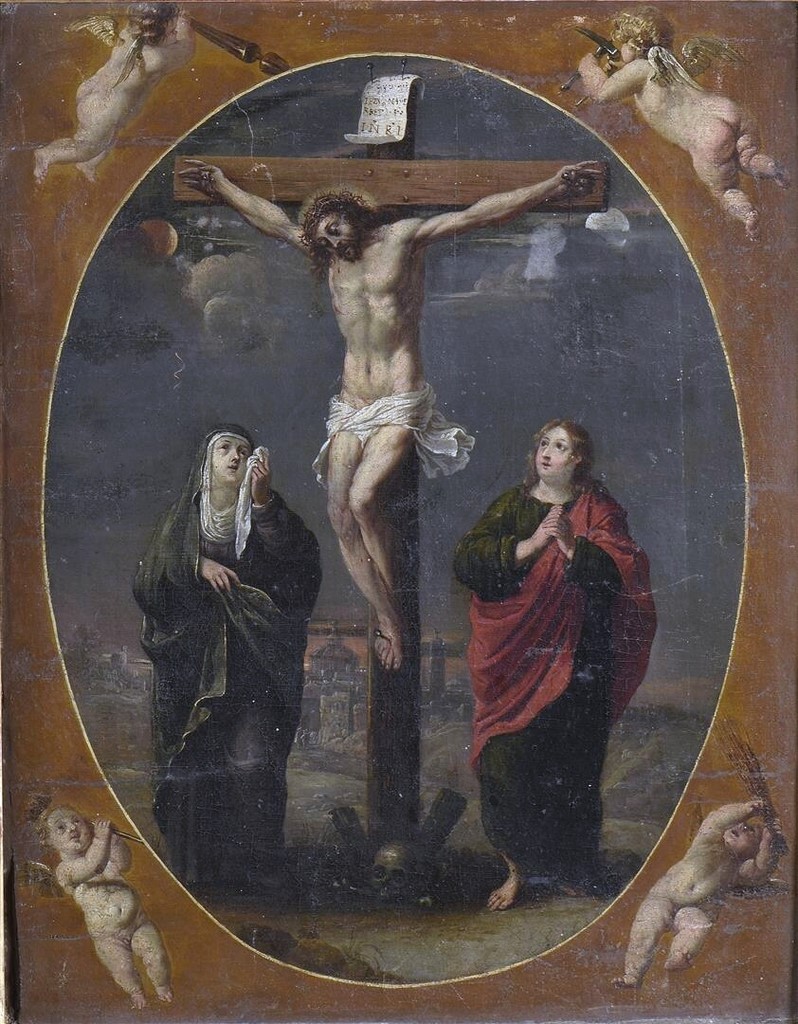 SURTOUT d autel en noyer présentant le Christ en croix Marie Saint Joseph et les quatre évangélistes en ivoire