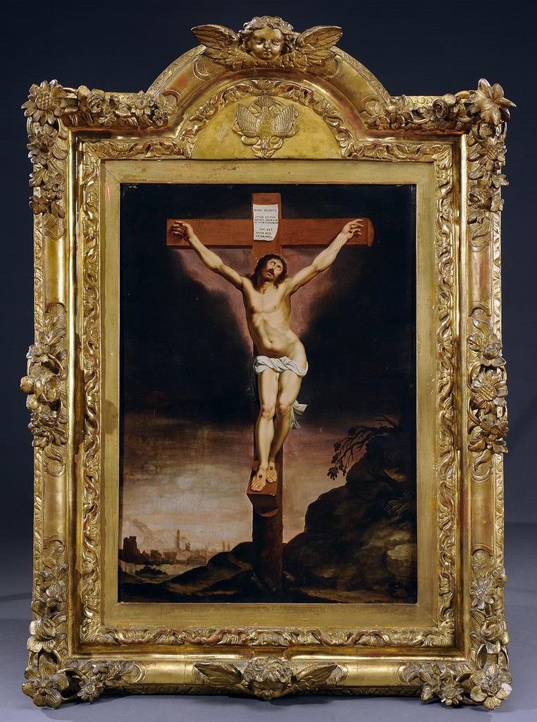 processional cross with the crucifixion, the pelican sacrificing itself, an apostle, an augustinian martyr and saint bernhard of clairvaux