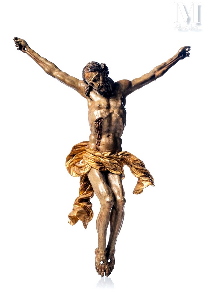 Figure en bois sculpté peint polychrome et doré représentant le Christ