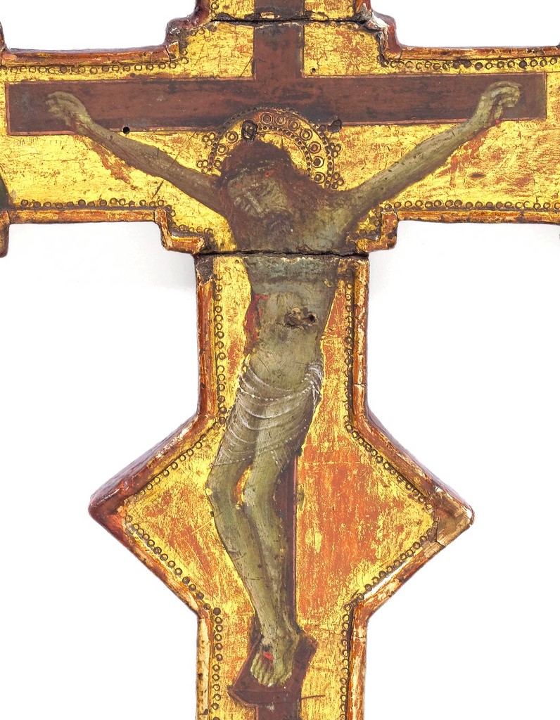 processional cross with the crucifixion, the pelican sacrificing itself, an apostle, an augustinian martyr and saint bernhard of clairvaux