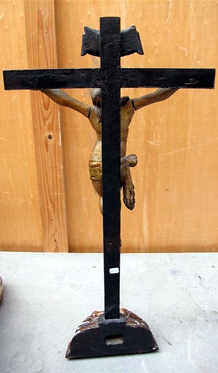 Christ en croix en bois polychrome Haut 65 cm Accidents Dos