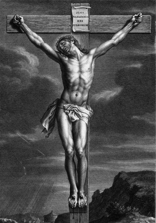 Gravure de Jean Hainzelman d'un Christ sculpté dans l'ivoire par Pierre Simon JAILLOT