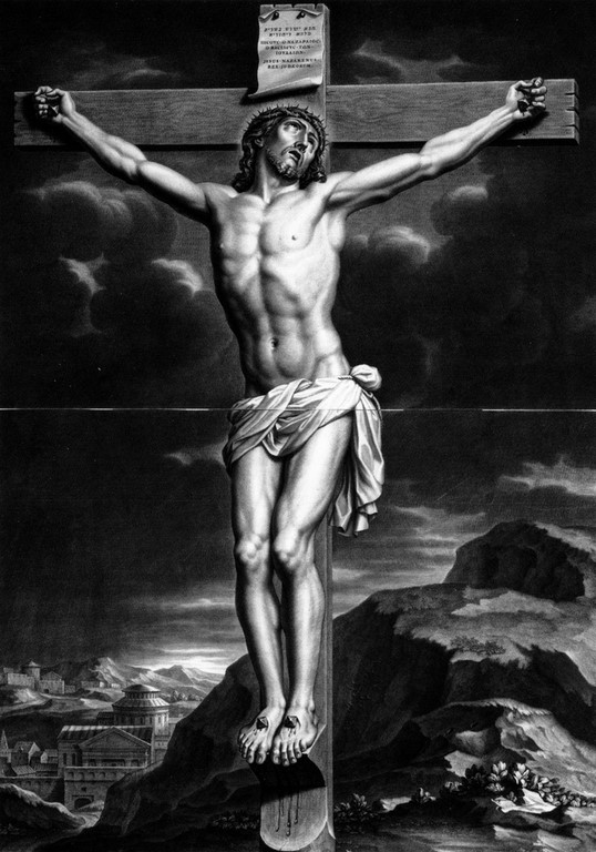 Gravure de Jean Hainzelman d'un Christ sculpté dans l'ivoire par Pierre Simon JAILLOT