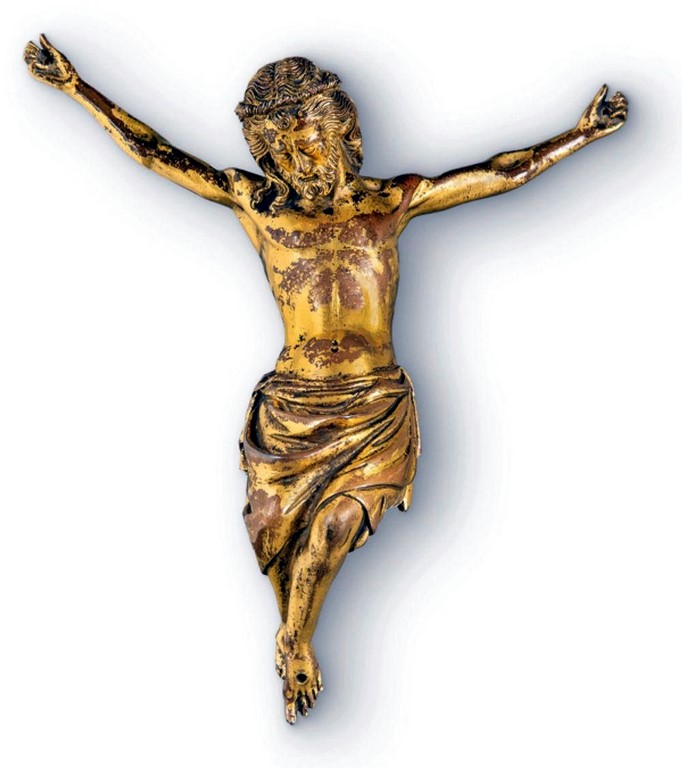 Cristo Crucificado en bronce dorado posiblemente Francia S XIV