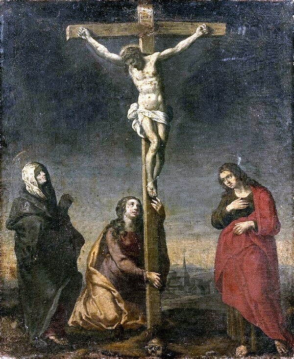 Ecole FRANCAISE vers 1650: Le Christ en croix entouré de Marie, saint Jean et Marie- Madeleine