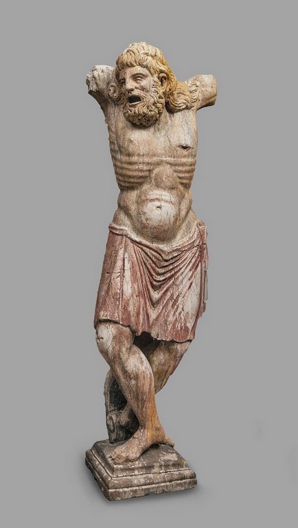 Importante statue en pierre marbrière de Vérone - Posée sur une console à volutes- Anciennes traces de polychromie- H : 1 m 55. -