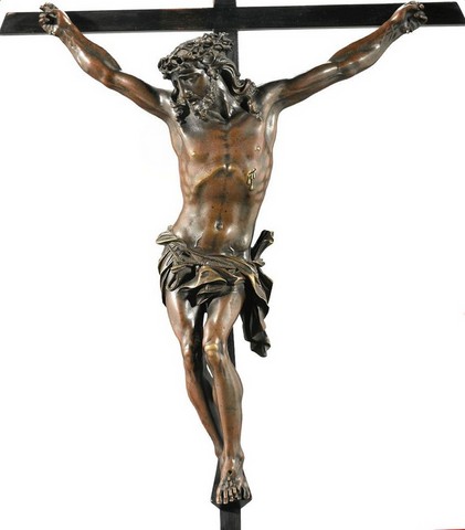 Sothebys French or Flemish 17th century Corpus Christi bronze on an ebonised wood cross