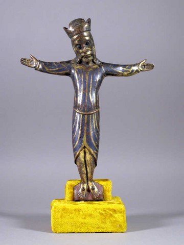 Christ en croix d'applique en cuivre peint et doré