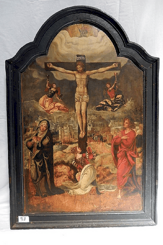 Ecole Flamande Maniériste 1re moitié du XVIème siècle Le Christ en croix entre la Vierge et Saint Jean l'Evangéliste avec Marie-Madeleine au pied de la croix