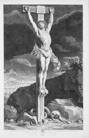UN CHRIST EN CROIX DE CHARLES LEBRUN (1619-1690) GRAVE PAR GILLES ROUSSELET (1610-1686)
