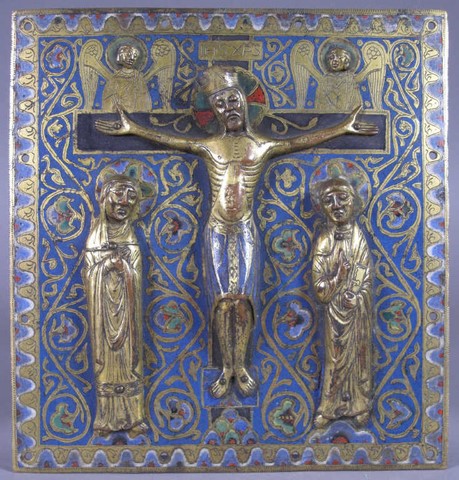 Plaque de la Crucifixion du Christ, rectangulaire en cuivre champlevé, émaillé en couleur bleu et doré