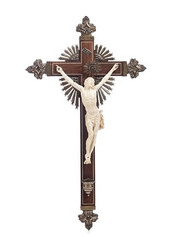 Sculpture in ivory 19th 20th century cross in kingwood with inlaid work in ivory